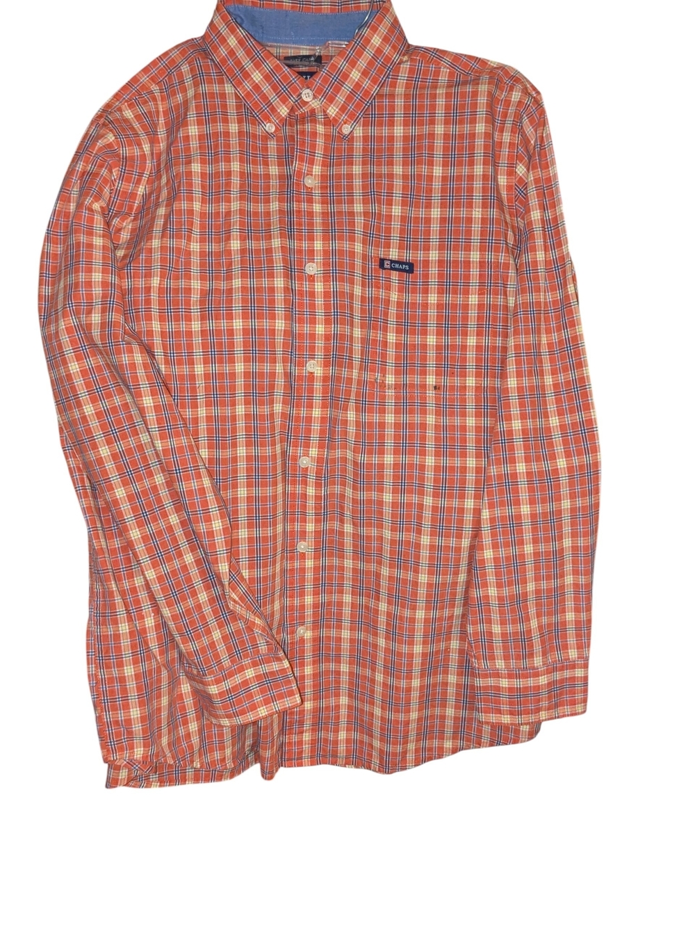 Chaps Orange Plaid Button-Down Shirt with Blue Accent Size Large - Picture 1 of 4